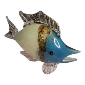 Glass  Blow Fish  - Blue and Brown And  Cream In Color